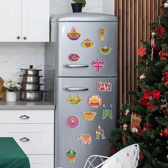Copkim 30 Pcs Diwali Diamond Art Magnets Kits DIY Happy Diwali Festival Diamond Painting Fridge Magnetic Stickers Gem Art Magnets for Indian Holiday Party Decor Home