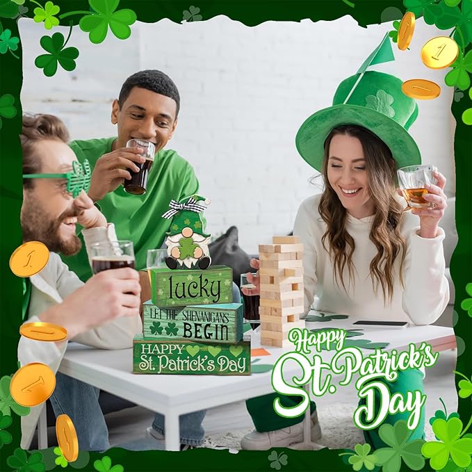 4 Pcs St. Patrick's Day Table Decoration Irish Tiered Tray Decor Wooden Gnome Shamrocks Block Signs Happy St. Patrick's Day Centerpiece for Tables Irish Wooden Sign for Home Decor