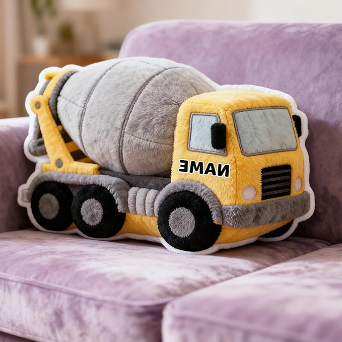 Personalized Concrete mixer truck Shaped Pillow, Custom Name Plush Stuffed Pillows, Suitable for Beds, Sofas, Bedrooms, Living Rooms Custom Decorative Cushion Gifts for Birthday and Anniversary