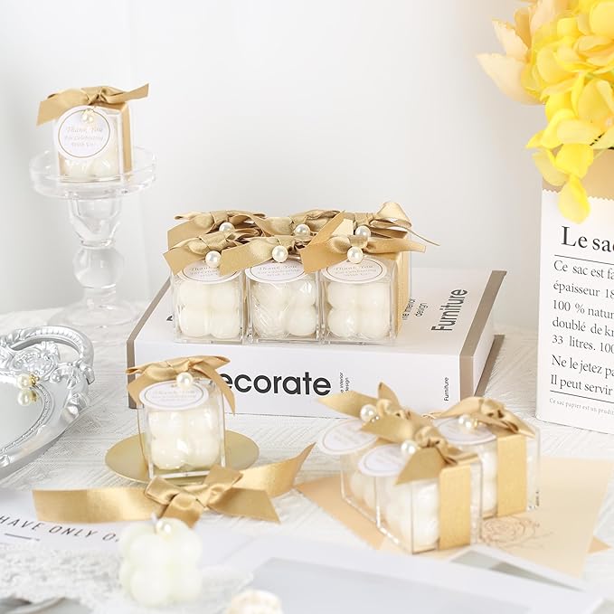 ACITHGL 30 Sets Fully Assembled Small Bubble Candle Party Favors for Guests Bulk Bridal Showers Favors Candles with Stylish Ribbons Thank You Cards Gifts (Gold)