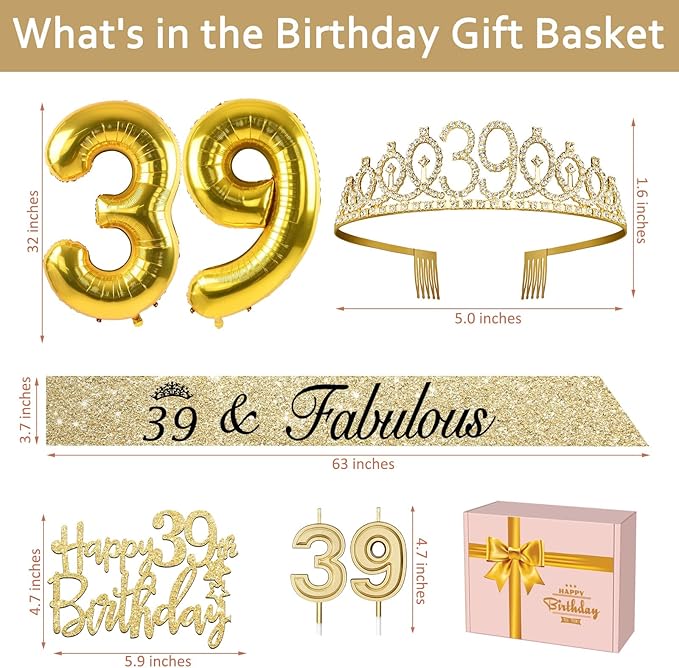 39th Birthday Decorations for Women Gold with 39th Birthday Sash and Tiara,Cake Topper and Candles, Number Balloons, 39 Year Old Gifts for Women