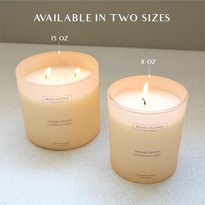 Champagne & Peony – Benevolence LA Large 3-Wick Scented Candle for Home | 15oz, 50-Hour Burn | Natural Soy Wax, Cotton Wicks | Gift Ideas for Women | Malibu Sands Collection