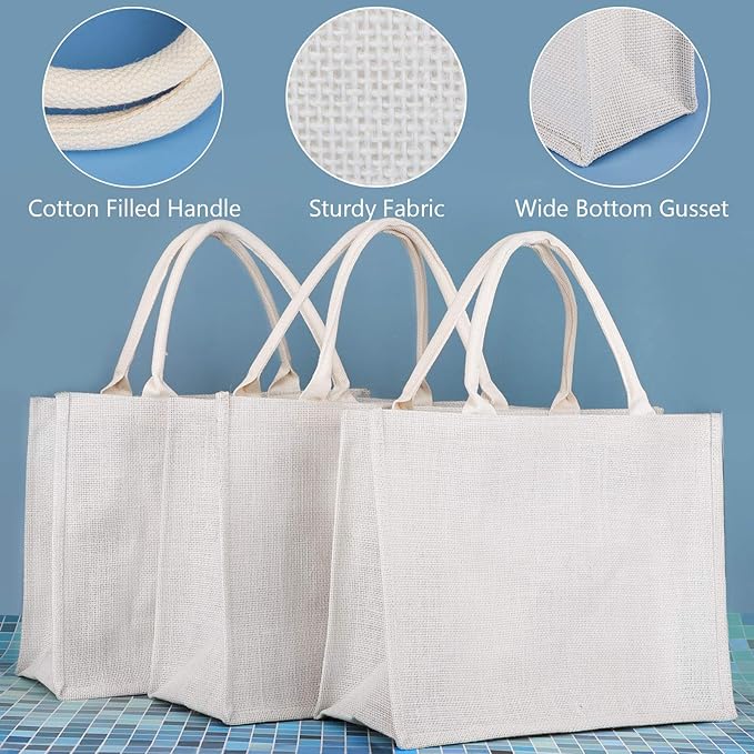 Segarty Tote Bags, 3 Pack Large White Burlap Jute Reusable Canvas Gift Favors Bag with Handles Blank Tote Bulk for Bridesmaid Wedding, Women Market Grocery Shopping, Bachelorette Party, Beach Trip