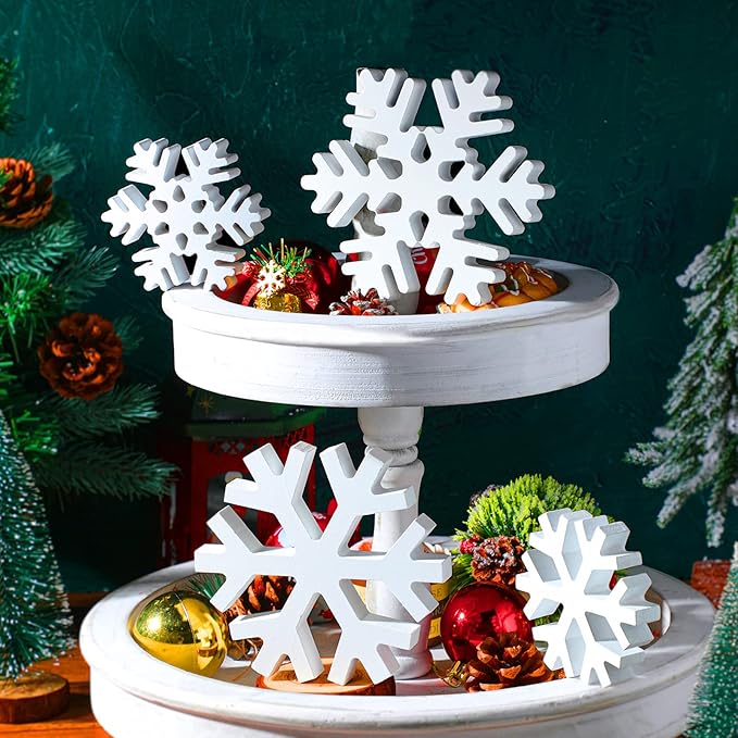 Blulu 4 Pcs Winter Wooden Snowflakes Decor Tabletop Decorations Christmas Snowflake Signs Winter Wooden Xmas Standing Table Sign Christmas Fireplace Decoration for Party Birthday(White)