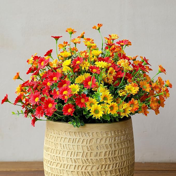 alyptus Faux Flowers Outdoor Artificial Flowers – 12 Bundles UV Resistant Artificial Outdoor Flowers for Spring Summer Christmas, Modern Farmhouse Decoration (Red 5, Orange 5, Yellow 2)