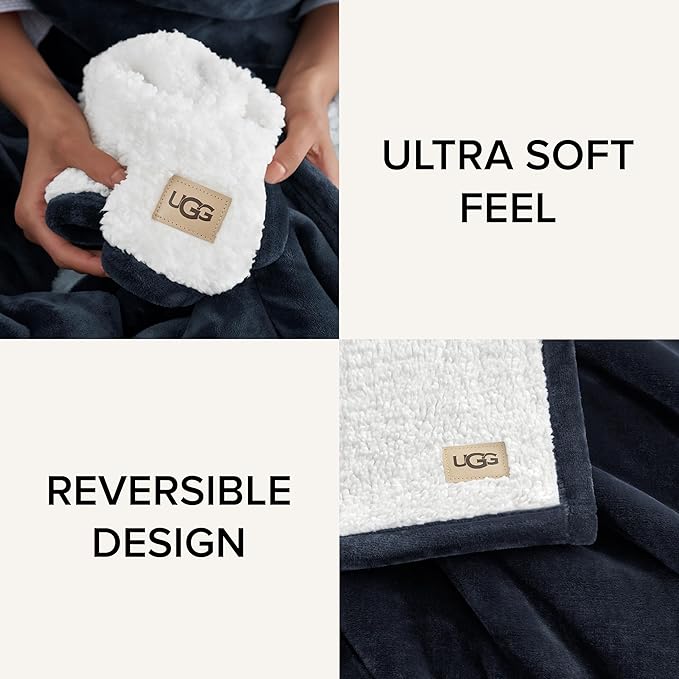 UGG Nita Full/Queen Blanket Fleece Fluffy Reversible Soft Fuzzy Bedding Cozy Plush Warm Oversized Blanket Machine Washable Bedroom Decor for Big Couch or Bed, 90-inch x 90-inch, Navy Blue