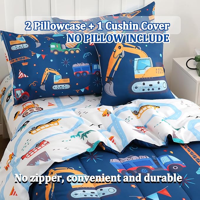6 Pcs Bed in A Bag Twin Comforter Set for Boys,Construction Excavator Comforter,Truck Bedding Sets with Sheets for Kids