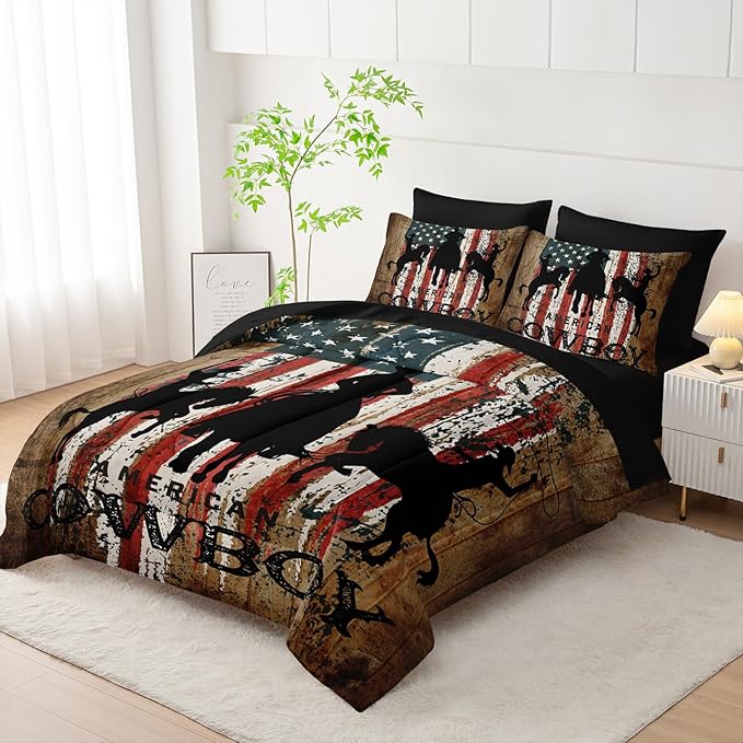 AILONEN Western Cowboy Comforter Set Full Size,7-Piece Rodeo Cowboy Riding Bull Bed in a Bag,United States Retro Country Style Comforter & Fitted Sheet & Flat Sheet & 2 Pillowcases,Soft Microfiber