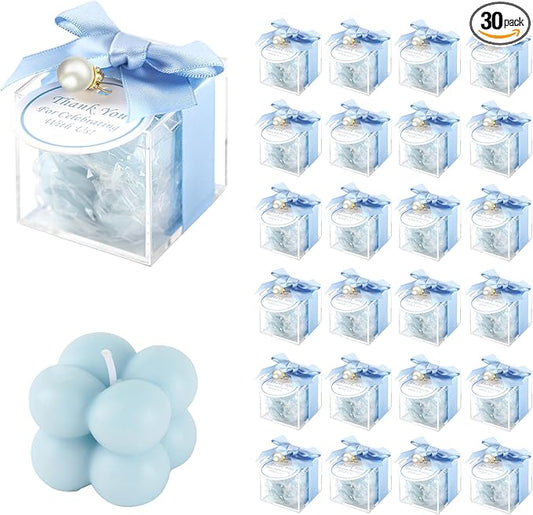 ACITHGL 30 Sets Fully Assembled Small Bubble Candle Party Favors for Guests Bulk Bridal Showers Favors Candles with Stylish Ribbons Thank You Cards Gifts (Blue)