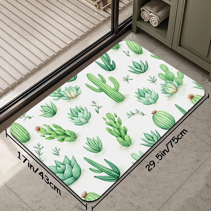 Cactus Succulent Bathroom Mat, Non-Slip Rubber Backing Thin Low-Profile Bath Rug, Easy-Clean Bathroom Floor Mat for Shower, Bathtub, Kitchen, or Entryway