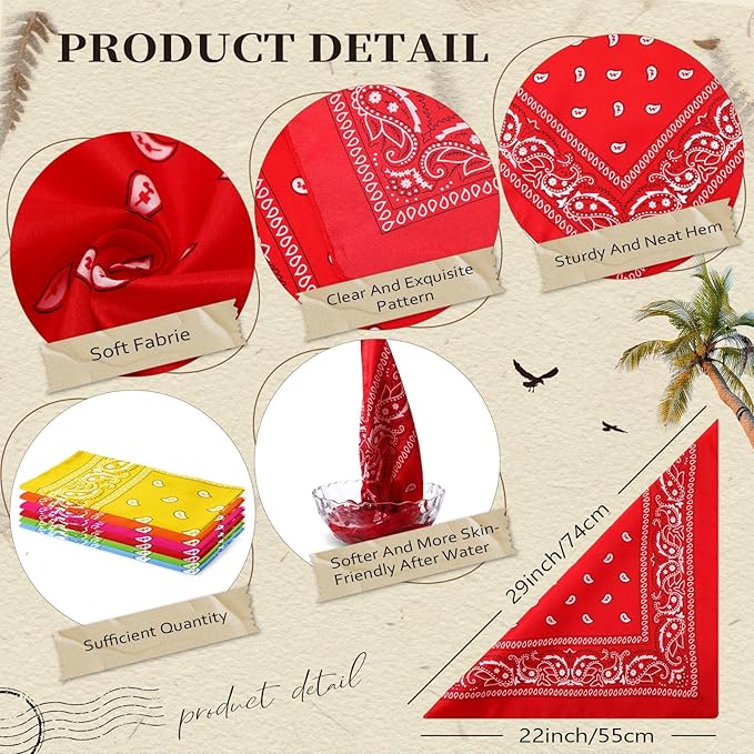 Blulu 6 Pcs Neon Color Cowboy Bandanas for Men Women Assorted Paisley Pattern Handkerchiefs 22 x 22 Inch Kids Headwrap Scarfs