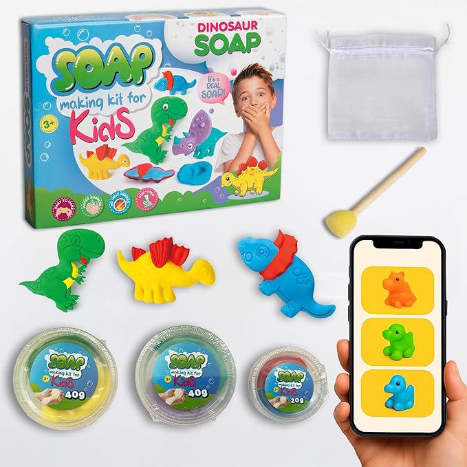 ZenseMe Soap Making Kit for Kids – DIY Soap Making Kit with Dinosaur Soap Moulds (3 Cute Dinosaurs) | Soap Making Supplies for Creative Play & Hygiene - DIY Kits for Kids with Mobile App