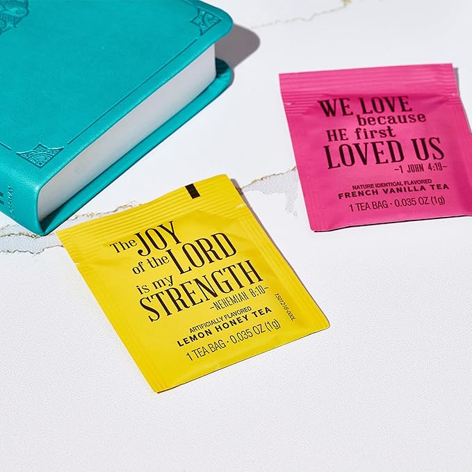 Thoughtfully Gourmet, Tea Affirmations Christian Prayer Gift Set, Includes 6 Flavors of Tea with Bible Verses from Psalms and Other Books to Rejoice, Pack of 90