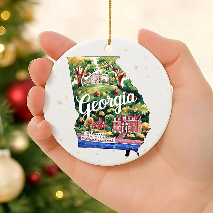 USA State Landmark Ceramic Ornament – Round Glossy Christmas Decoration Featuring U.S. State Art, Landmarks & Holiday Scenery – Collectible Travel Souvenir Ornament Series (Georgia)