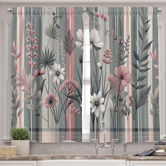 Ambesonne Floral Valance & Tier Curtain 3 pcs Set, Treasured Garden of Spring with Flowers and Calm Colored Tartan Plaid Pattern, Window Treatments for Kitchen Room Decor, 55" x 30", Pink and Grey