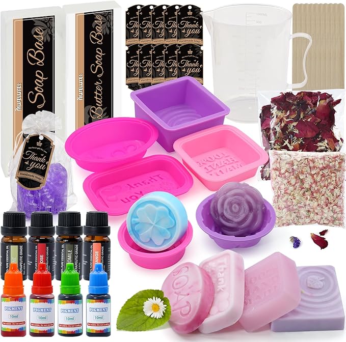 MuseLuxe Soap Making Kit for Adults & Kids - Soap Making Supplies with Melt and Pour - Base,6 Silicone Molds, Colorant,Fragrances,Dried Flowers,Gift Card,DIY Craft Kit for Beginners