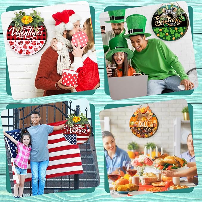 Vicenpal 22 Pcs Interchangeable Welcome Sign for Front Door with 17 Magnetic Icon Wooden Seasonal Front Porch Door Decor with 4 Seasonal Wreaths for Holiday Halloween Christmas Gift (Blue,Rustic)