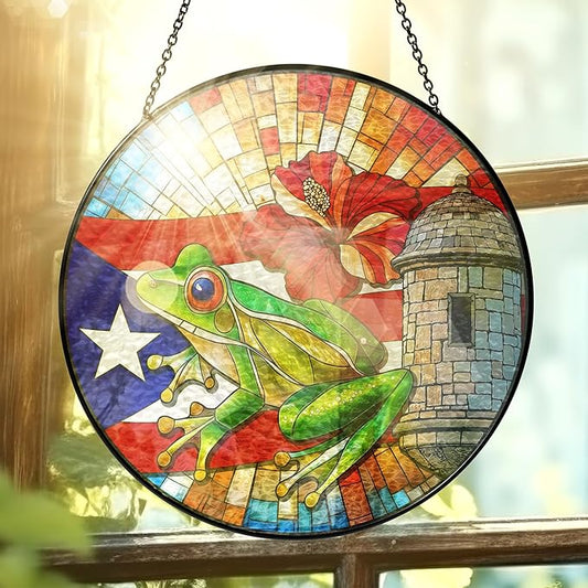 FLAGWIX Puerto Rico Gifts - Stained Glass Window Hanging 10 in - Puerto Rican Gifts for Women Men, Coqui Sun Catchers Indoor, House Warming Gift for Mom Dad Puerto Rican, Friend Gift Ideas