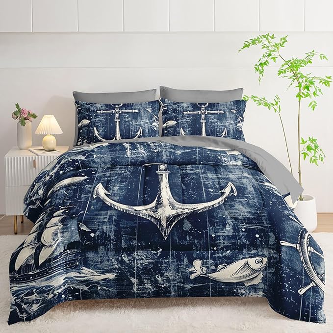 7Pcs Nautical Anchor Comforter Set Ocean Sailboat Printed Bedding Set with 1 Comforter, 1 Flat Sheet, 1 Fitted Sheet and 4 Pillowcases for Bedroom All Season(Anchor Full)