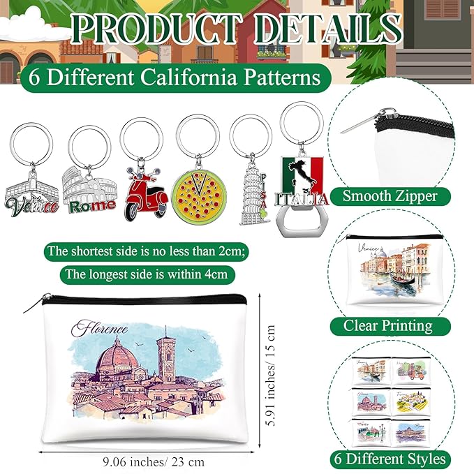 Landical 6 Sets Italy Souvenir Gifts Include 6 Pcs Italian Cosmetic Bag and 6 Pcs Metal Keychain for Women Traveler Christmas Party Gifts