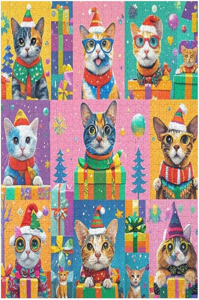 Wooden Puzzle 1000 Pieces Adult - Christmas Dog Cat Puzzle Christmas Puzzles, Holiday Puzzles, Family Toys, Party Games, Jigsaw Puzzle Challenge and Funny