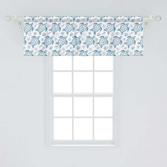 Ambesonne Turtle Window Valance, Subaquatic Animals Illustration Monochrome Sea Turtle and Shells Ocean Elements, Curtain Valance for Kitchen Bedroom Decor with Rod Pocket, 42" x 18", Blue and White