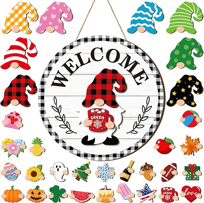 Qunclay Interchangeable Wooden Gnome Decor Holiday Seasonal Gnome Decorations with Magnet Pieces and Detachable Hats Changeable Welcome Sign for Home(Vivid Style)