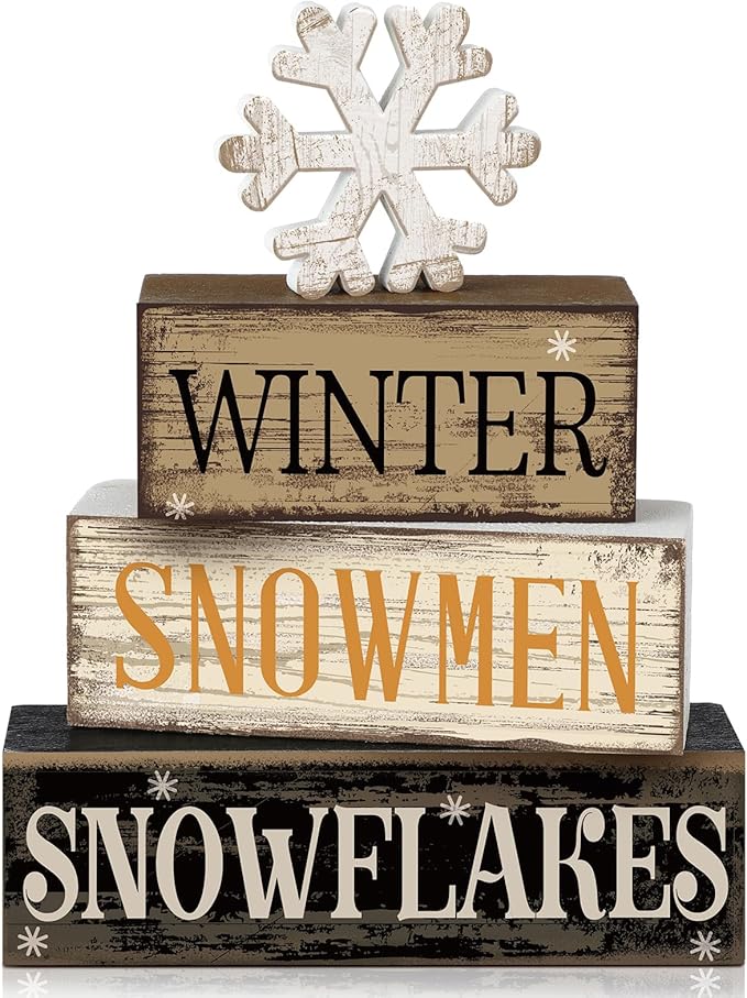 4 Pcs Winter Table Decorations Wooden Snowflake Decor Christmas Tiered Tray Decor Rustic Snow Block Signs Gift Farmhouse Christmas Centerpiece for Winter Wonderland Party Kitchen Shelf Home
