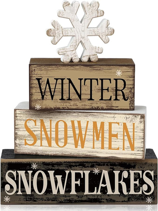 4 Pcs Winter Table Decorations Wooden Snowflake Decor Christmas Tiered Tray Decor Rustic Snow Block Signs Gift Farmhouse Christmas Centerpiece for Winter Wonderland Party Kitchen Shelf Home