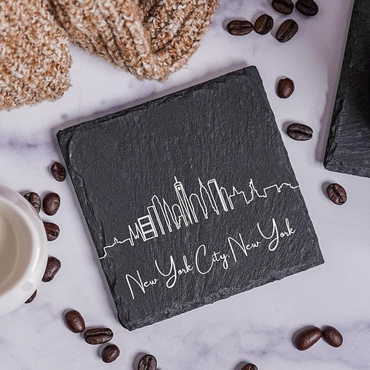 Blue Ridge Mountain Gifts - New York City Skyline Coasters, Set of 4 - New York City New York Souvenir, Slate Coasters with Minimalist Skyline, Housewarming Gift for Friends, Family, & Neighbors