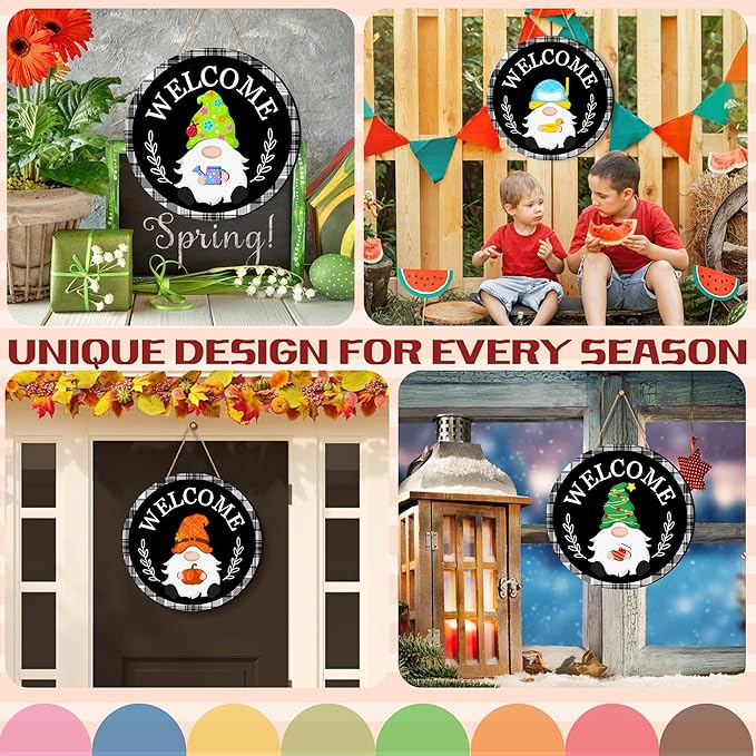 Seasonal Gnome Wall Decor Set, 11.8 inch Thanksgiving Wooden Round Sign with Interchangeable Holiday Hats, Autumn Welcome Door Hanging (Black-3)