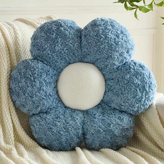 Flower Pillows, Decorative Throw Pillow with Soft Plush for Couch, Flower Shaped Pillow Home Decor Daisy Pillow for Bed (Grey Blue, 14.9 Inches)