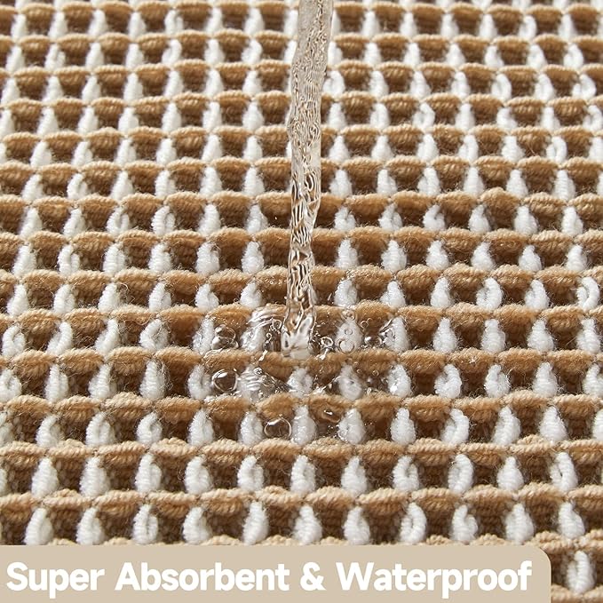 Waffle Runner Rug Bathroom, Long Boho Bathroom Rugs Non Slip Washable Super Absorbent Quick Dry Farmhouse Bath Decor, 60"x24" Khaki and White