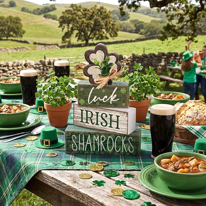 4 Pcs St. Patrick's Day Table Decorations Wooden Shamrocks Green Lucky St. Patrick Tiered Tray Decor Farmhouse Shamrock Blocks Signs Gifts Irish Themed Centerpiece Decorations for Home Decor