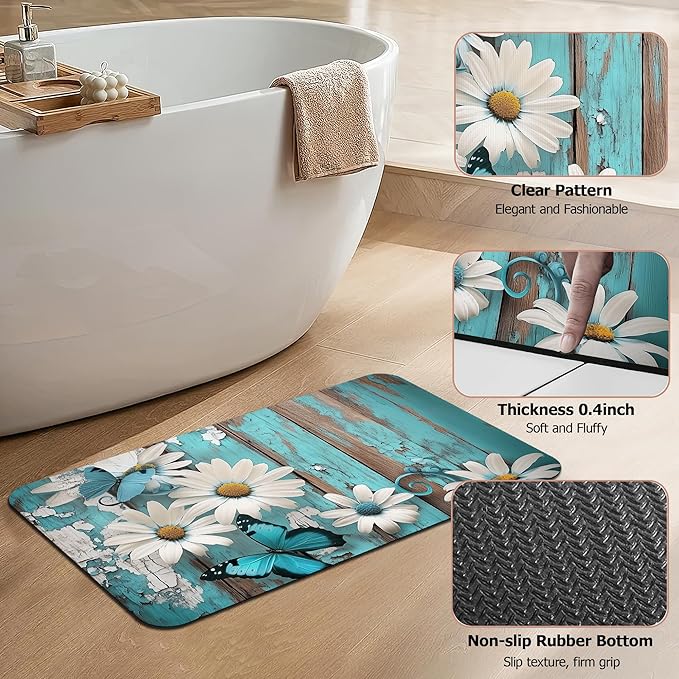 Diatomaceous Earth Bath Mat,White Daisy Bath Rugs,Vintage Wood Non-Slip Thin Absorbent Fast Drying Easy to Clean for Bathroom Laundry Home Kitchen Door Mat 17x29.5Inch