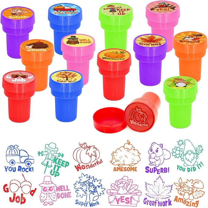 Cinrobiye 24 Pcs Fall Party Stampers for Kids, Autumn Thanksgiving Party Supplies Favors, Classroom Rewards, Carnival Prizes, Goodie Bag Pinata Fillers for Harvest Party School Events