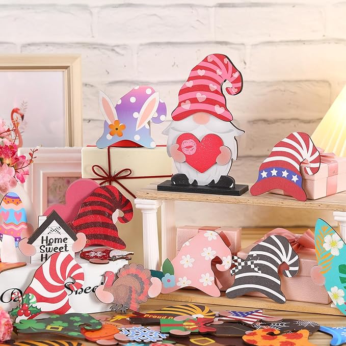Blulu 32 Pcs Christmas Interchangeable Wooden Gnome Decor DIY Holiday Christmas Seasonal Tiered Tray Decoration Gnomes with Magnet Pieces Welcome Sign for Xmas Holiday Decorations (Fresh)