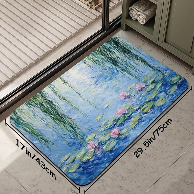 Bathroom Rug 29.5"x17", Claude Monet Water Lilies Bath Mat with Non-Slip Rubber Backing, Quick-Drying Absorbent Thin Floor Mat for Bathroom, Shower, Sink, or Kitchen
