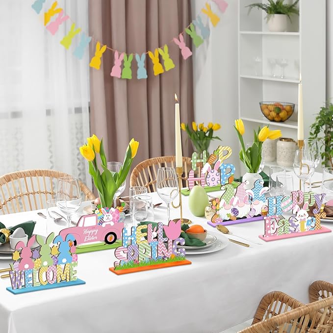 Hoolerry 6 Pcs Easter Table Decorations Wooden Happy Easter Table Centerpieces Hello Spring Colorful Egg Bunny Tabletop Signs for Dinner Party Indoor Outdoor Decor