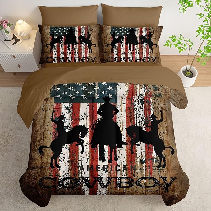 7Pcs Western Cowboy Comforter Set American Flag Printed Bedding Set with 1 Comforter, 1 Flat Sheet, 1 Fitted Sheet and 4 Pillowcases for Bedroom All Season(Cowboy Full)