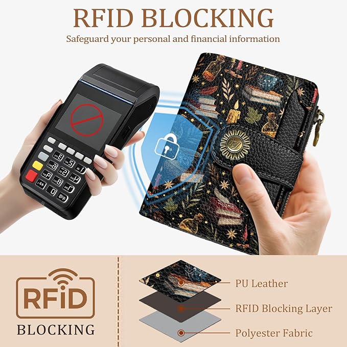 Book Witchy Wallet Women Small RFID Blocking Bifold, Credit Card Holder, Zipper Coin Pocket, PU Leather, Compact, Travel, 4 ID Window, 14 Card Slots, Cash Purse, Ladies Woman Female Girls