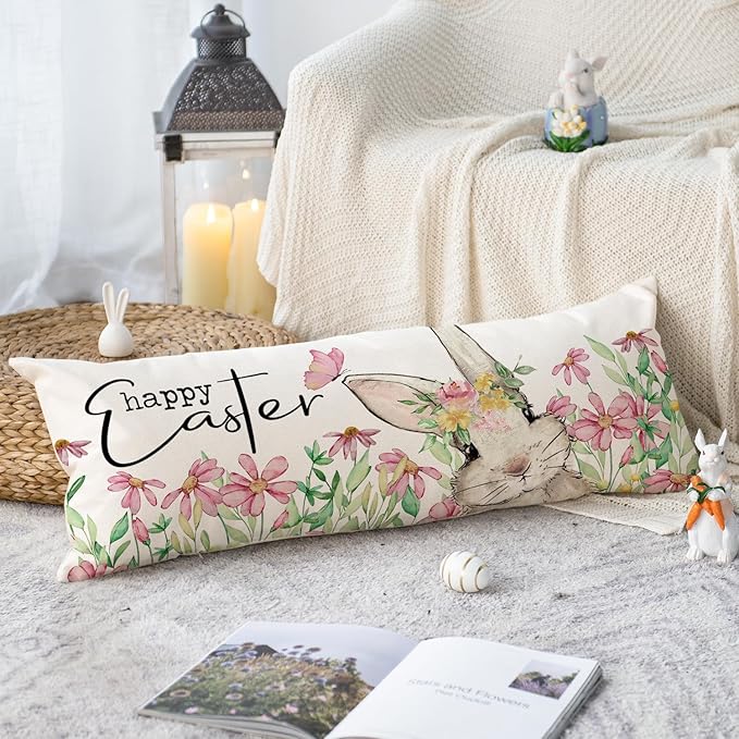 AVOIN colorlife Easter Floral Garland Bunny Long Lumbar Throw Pillow Cover, 14 x 36 Inch Spring Rabbit Long Body Pillow Case for Bed Sofa Bench