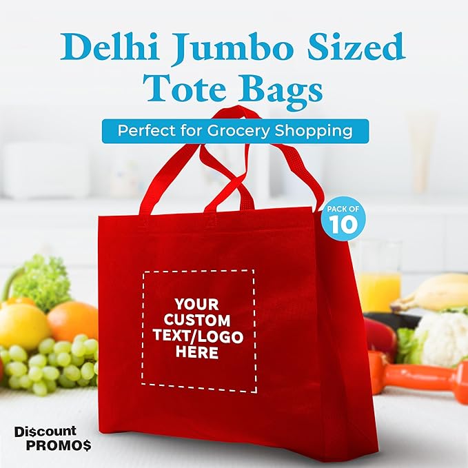 DISCOUNT PROMOS Custom Jumbo Sized Tote Bags Set of 10, Personalized Bulk Pack - Reusable Grocery Bags, Shopping Bags, Promotional Item Totes for Women - Red