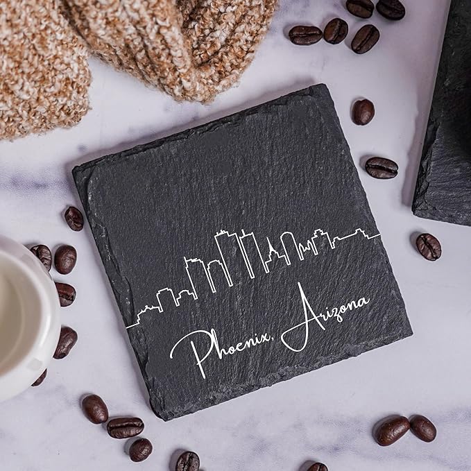 Blue Ridge Mountain Gifts - Phoenix AZ Skyline Coasters, Set of 4 - Phoenix Arizona Souvenir, Slate Coasters with Minimalist Skyline, Housewarming Gift for Friends, Family, & Neighbors