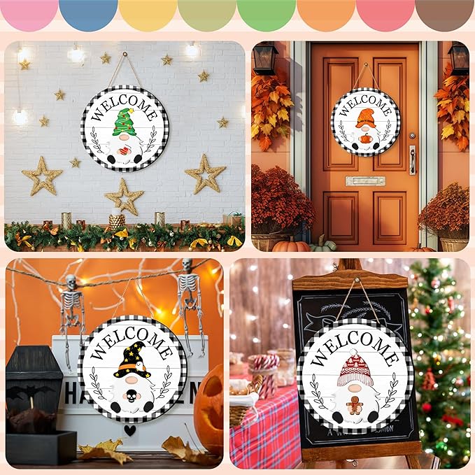 Seasonal Gnome Wall Decor Set, 11.8 inch Halloween Wooden Round Sign with Interchangeable Holiday Hats, Welcome Door Hanging (White-3)