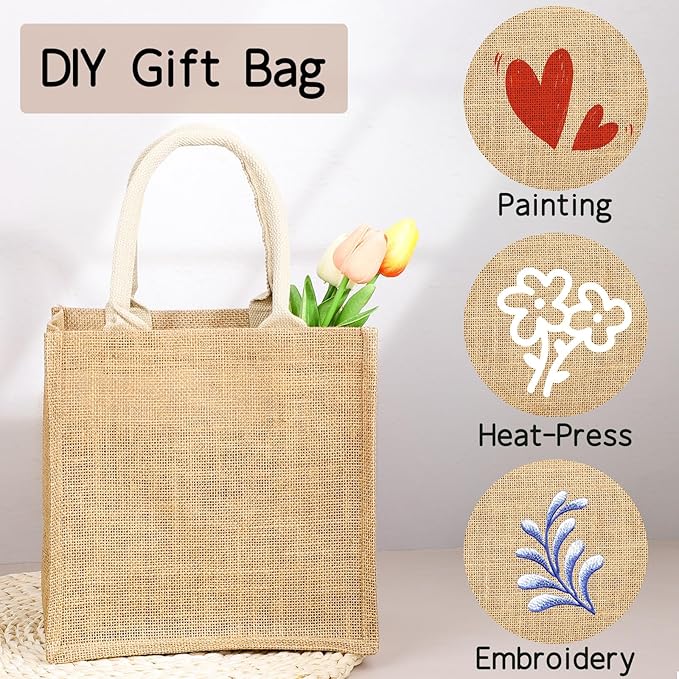 Segarty Burlap Tote Bags, 6 Pack Small White Reusable Jute Canvas Gift Favors Bag with Handles Blank Tote Bulk for Bridesmaid Wedding, Bachelorette Party, Beach Trip, Women Market Grocery Shopping