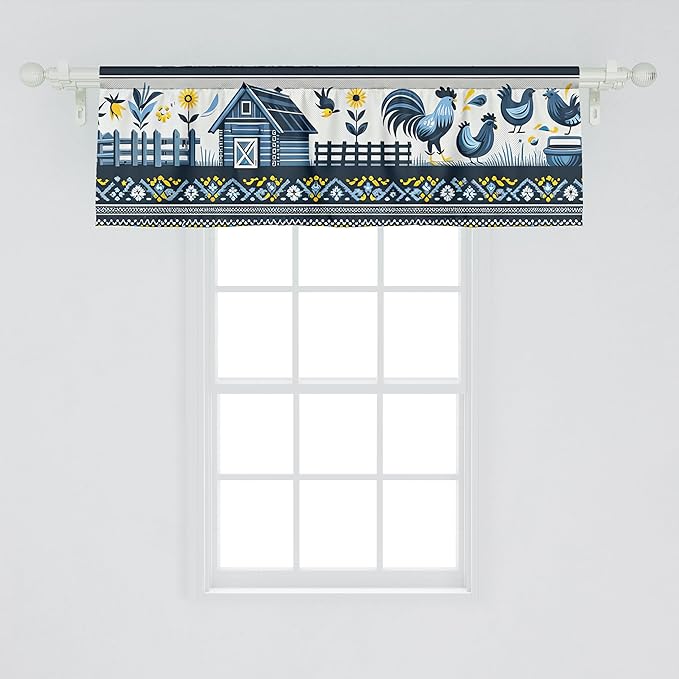 Ambesonne Farmhouse Window Valance, Modern Scandinavian Floral Ornate Barn Scenario Roosters Sunflowers, Curtain Valance for Kitchen Bedroom Decor with Rod Pocket, 42" x 18", Blue Yellow