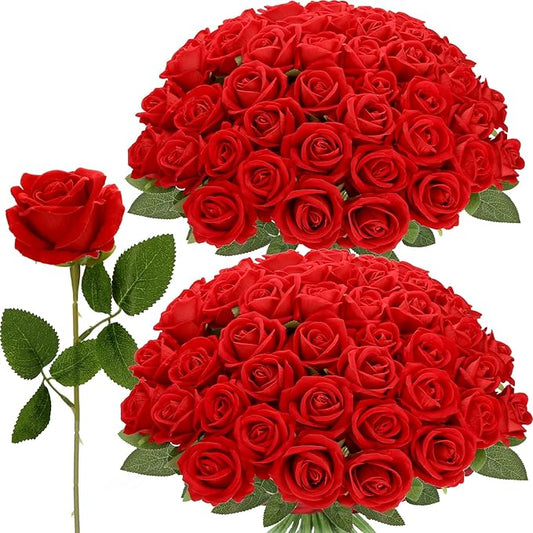 Roses Artificial Flowers, Fake Velvet Silk Roses in Bulk for Home Decor Indoor, Fake Roses Realistic Flowers with Stems for Wedding Centerpiece Party Decor (48, Red)