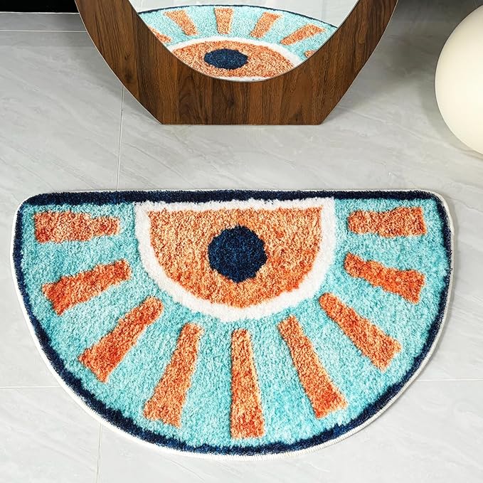 Washable Cute Bath Mat for Bathroom,31x20 Half Circle Non-Slip Small Bath Rugs, Absorbent Quick Dry Bath Mats, Plush Carpet for Bathtub, Boho Farmhouse Decor (Blue Sunshine)