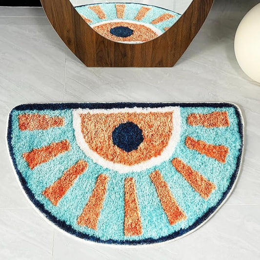 Washable Cute Bath Mat for Bathroom,31x20 Half Circle Non-Slip Small Bath Rugs, Absorbent Quick Dry Bath Mats, Plush Carpet for Bathtub, Boho Farmhouse Decor (Blue Sunshine)